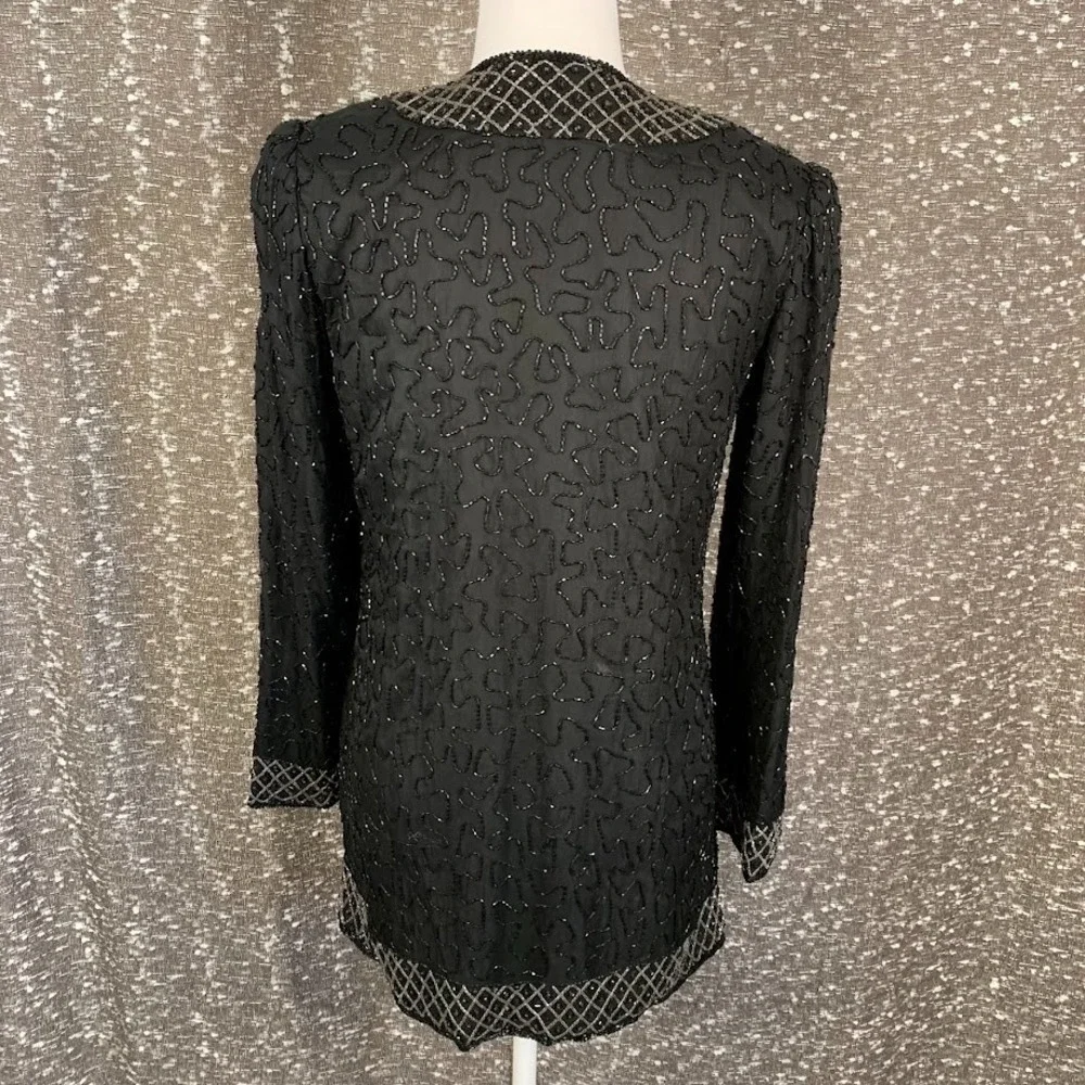 Vintage Black/Silver Women's Beaded Evening Jacket Blazer Cocktail Old Hollywood